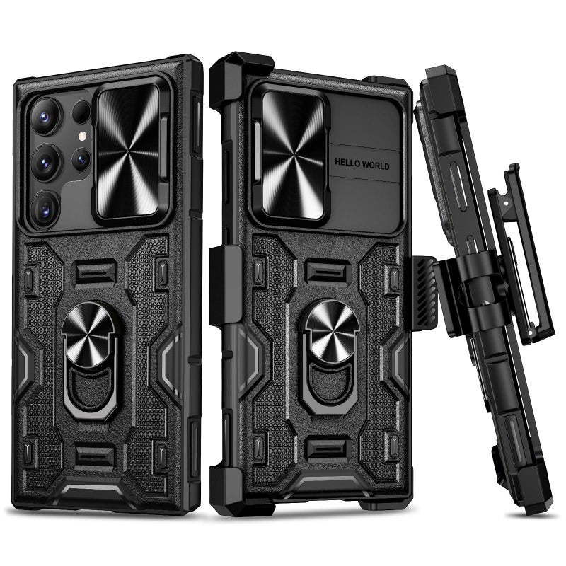 VEGO for Galaxy S24 Ultra Case with Kickstand, Slide Camera Lens Protector & Rugged Belt Clip Holster Full-Body Drop Tested Protective Cover for Samsung S24Ultra 6.8 Inch - Black - Image 1