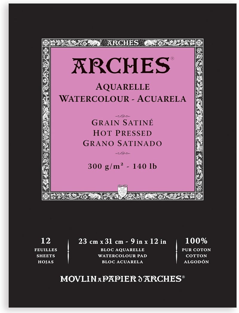 Arches دفتر ألوان مائية أكواريل، مضغوط ساخن، 140 رطل/300 جرام لكل متر مربع، 12 ورقة، 9x12 بوصة، ورق ألوان مائية 100% قطن - Image 1