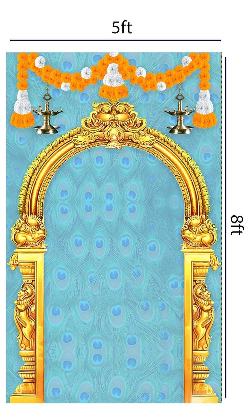 DHARA CREATION Dhara Blue Gate Backdrop Cloth for Pooja Decoration 8ft x 5ft Ideal for Pooja Religious Ceremonies and Home Decor Washable Fabric - Image 2