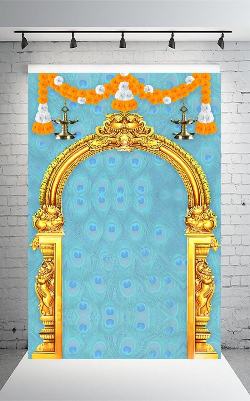 DHARA CREATION Dhara Blue Gate Backdrop Cloth for Pooja Decoration 8ft x 5ft Ideal for Pooja Religious Ceremonies and Home Decor Washable Fabric - Image 1