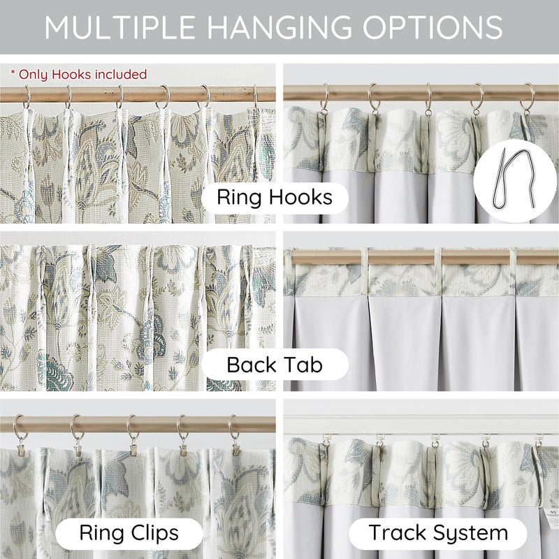 Kayne Studio Pinch Pleated Full Blackout Window Curtains Panels Botanical Floral Boho Leaf Print Vintage Farmhouse Blue Grey Room Darkening Thermal Insulated Window Treatment Bedroom,40"x90",2 Panels - Image 3