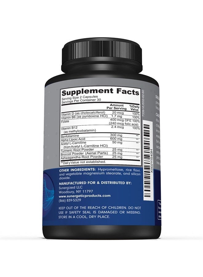 Sunergetic Premium Nerve Support Supplement – with Alpha Lipoic Acid (ALA) 600 mg, Acetyl-L-Carnitine (ALC) & Benfotiamine - Nerve Support Formula for Healthy Circulation, Feet, Hands & Toes - 60 Capsules - Image 2