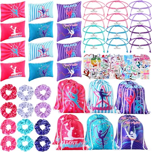 Abbylike 49 Pcs Gymnastics Party Favor Set 12 Makeup Bag 12 Bracelet 12 Drawstring Backpack 12 Hair Ties 1 Set Gymnastic Stickers for Women Girl Gym Sport Yoga - Image 1