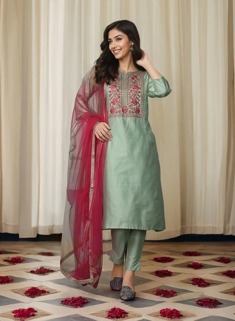 ISHIN Women's Pastel Green Polyester Blend Embellished Tunic Full Length Casual Straight Fit Kurta Set
