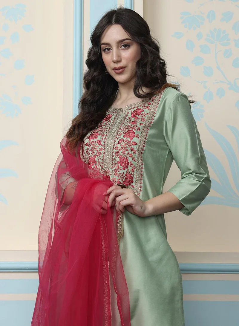 ISHIN Women's Pastel Green Polyester Blend Embellished Tunic Full Length Casual Straight Fit Kurta Set