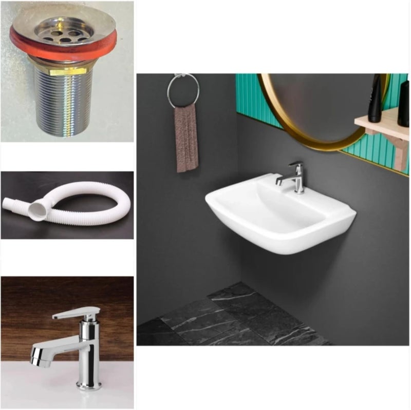 Clay Plus Wall Mount WashBasin 18 12 With PillarTap Stainless Steel Coupling Hose Pipe Wall Hung Basin White - Image 1