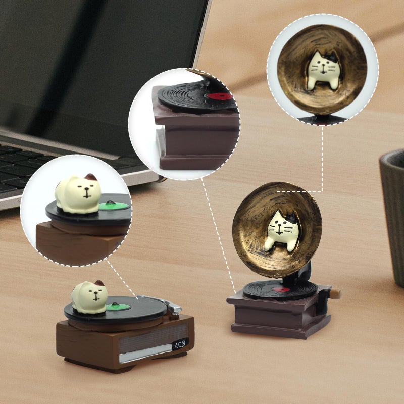RAQWI Cat Vintage Phonograph and Record Player Figurine Suitble for Office, Home Decoration Perfect for Cat Lovers - Image 3