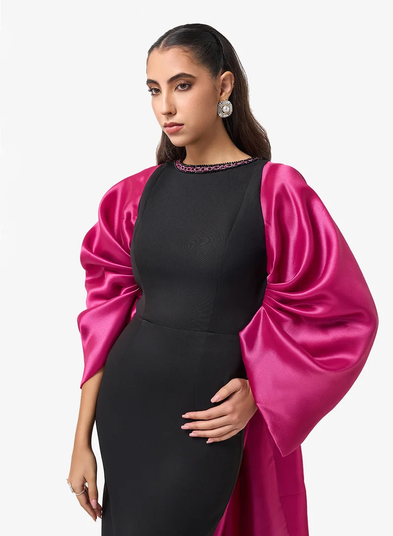 Threadz by Ajooni  Puff Sleeve Cape Detail Maxi Dress for Women | Best Price UAE