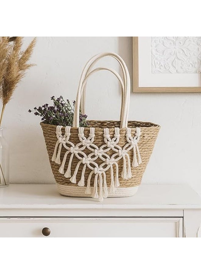 Boho Chic Jute & Fabric Storage Basket with Handles – Ideal for Toys, Blankets, and Laundry - Image 3