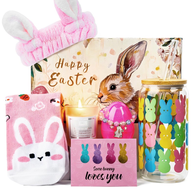 Anotion Easter Baskets for Adults Easters Basket Easter Gifts for Teen Girls 18oz Bunny Glass Cup Gift with Lid Straw Prefilled Easters Basket Stuffers for Women with Candle Bracelet Socks Hairband - Image 2