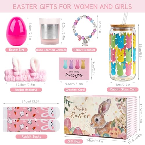 Anotion Easter Baskets for Adults Easters Basket Easter Gifts for Teen Girls 18oz Bunny Glass Cup Gift with Lid Straw Prefilled Easters Basket Stuffers for Women with Candle Bracelet Socks Hairband - Image 3