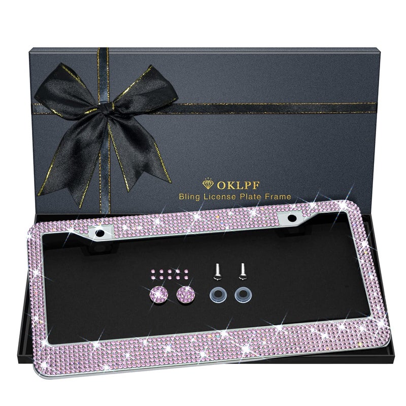 Bling License Plate Frame for Women Sparkly Stainless Steel License Plate Frames Over 1200 pcs 14 Facets Bedazzled Clear Glass Diamond Rhinestone Crystals wFree Glitter Diamond 1PCS Box Pink