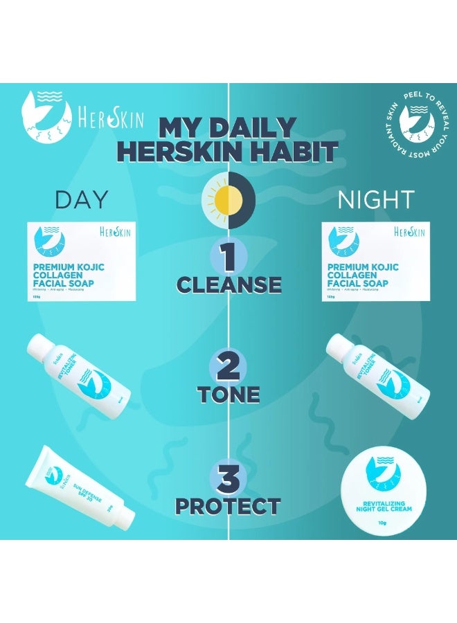 HerSkin Revita Glow Complete Skin Rescue Kit with Facial Toner, Premium Kojic Collagen Soap, Moisturizing Face Cream and SPF 30 Sun Defense for Daily Cleansing, Hydration and Skin Care Routine - Image 2