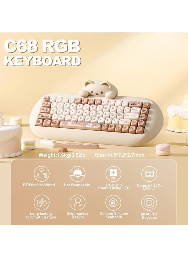 erorex - C68 Wireless Mechanical Keyboard, 65% Gaming Keyboard Hot Swap,Triple Mode BT5.0/2.4G/Wired,RGB Backlit NKRO,Cute Cat Silicone Ergonomic Keyboard for Win/Mac（Milk Switch，Brown) - Image 1