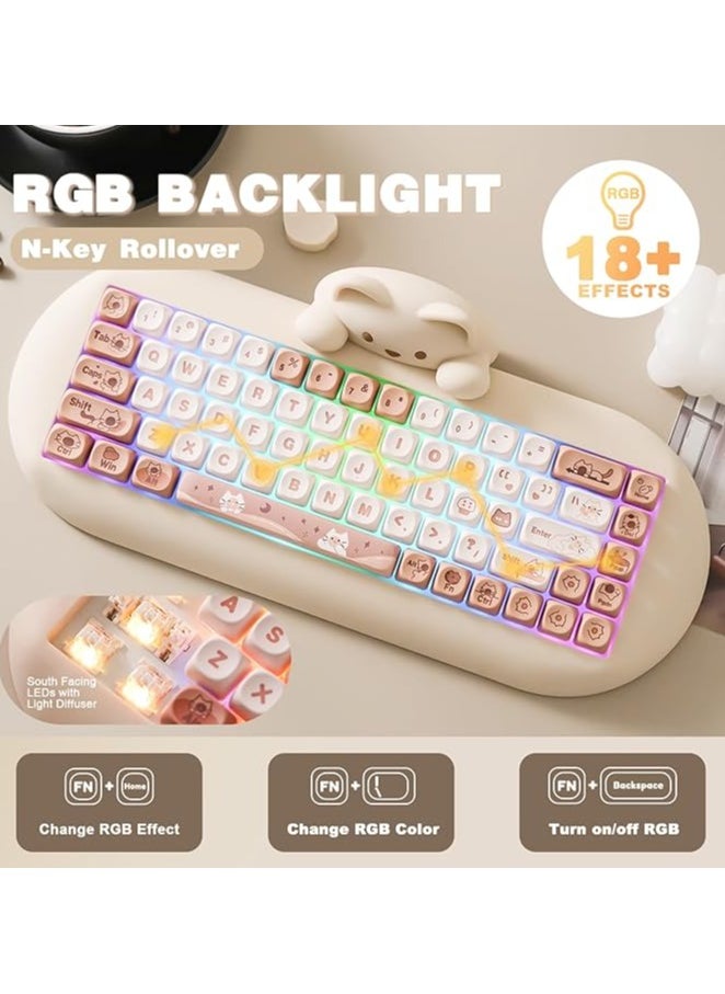 erorex - C68 Wireless Mechanical Keyboard, 65% Gaming Keyboard Hot Swap,Triple Mode BT5.0/2.4G/Wired,RGB Backlit NKRO,Cute Cat Silicone Ergonomic Keyboard for Win/Mac（Milk Switch，Brown) - Image 1