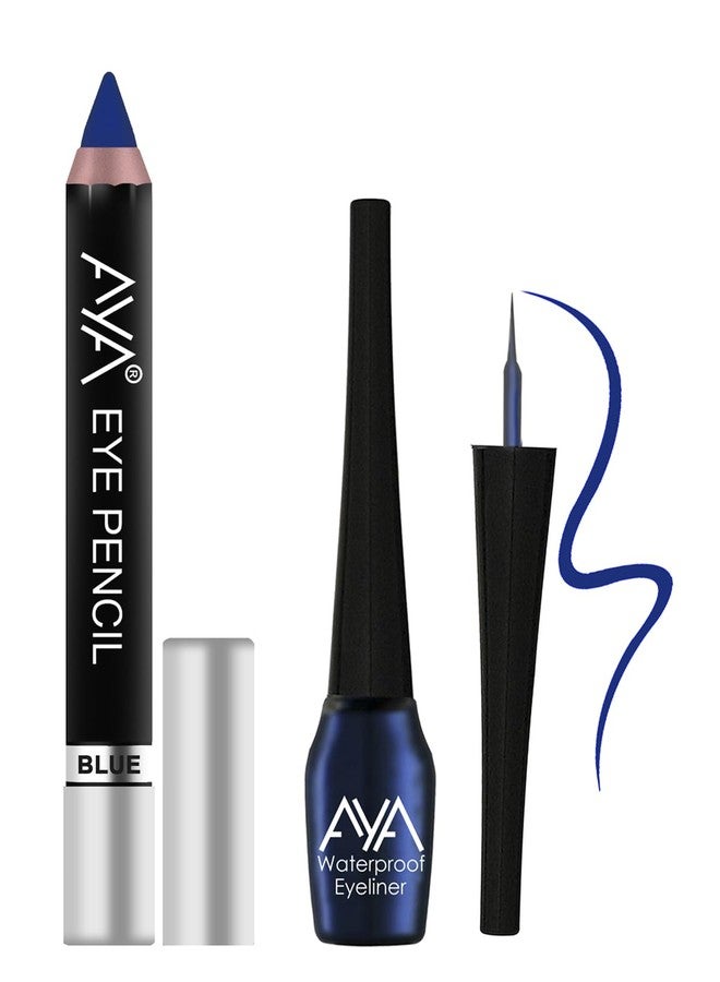 AYA Waterproof Eyeliner 5 ml & Eye Pencil Kajal 2.8g, Bold Eye Looks, Long-Lasting, Liner & Kajal Combo Pack, Essential Eye Kit, Blue - Image 1