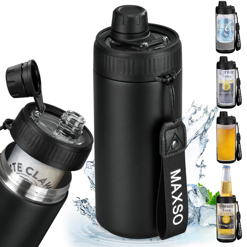 MAXSO Sealed Can Cooler Fizz Lid Can Cover for 12 oz Regular, Slim Skinny Cans & As Thermal Bottle, 4-in-1 Insulated Vacuum Stainless Steel Carbonated Cold Drink Holder - Black - Image 1