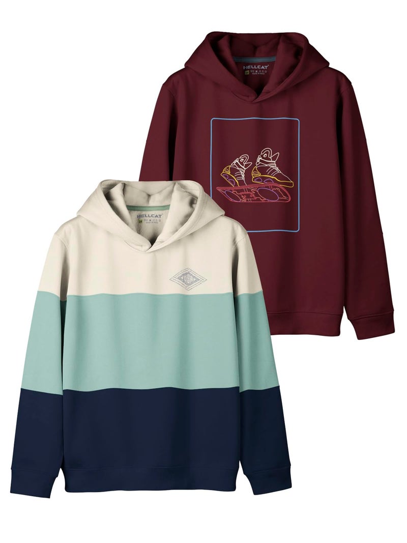 HELLCAT Trendy Printed Cotton Blend Hoodie Sweatshirt for Boys - Pack of 2_Sea Green/Burgundy_3-4 Years - Image 1