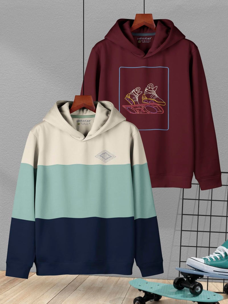 HELLCAT Trendy Printed Cotton Blend Hoodie Sweatshirt for Boys - Pack of 2_Sea Green/Burgundy_3-4 Years - Image 2