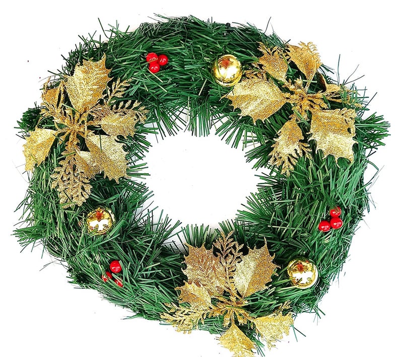 Partunay 1 Pcs 12 Christmas Golden Flower Decorated Green Wreath Tree Xmas Tree Decoration Hanging Ornaments Christmas Decoration Items Christmas Xmas Tree Decor