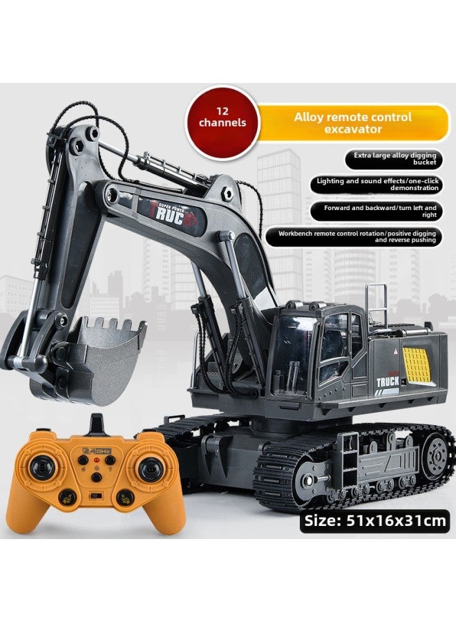 Large Alloy Children's Remote Control Excavator Toy Car Boy Simulation Electric Excavator Car Engineering Car Excavator-Color:12-way 2.4G-black [e-commerce Box]]  - Image 1