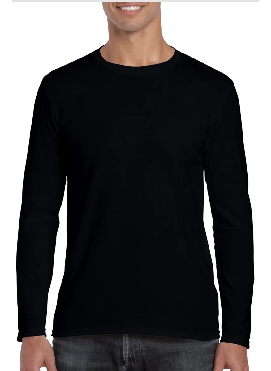 Rock&Roll Plain Unprinted Basic Crew Neck Black Long Sleeve Combed Cotton Men's T-Shirt