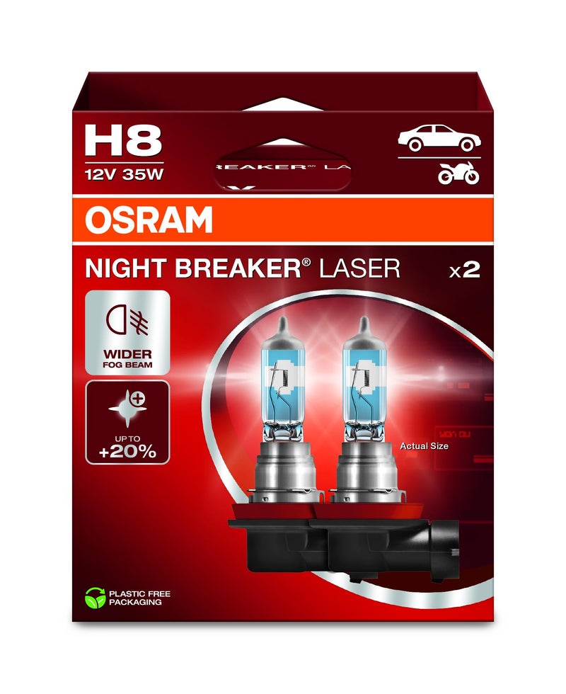 OSRAM Night Breaker Laser H8, +150% More Brightness, Halogen Headlight Bulb, 64212NL-2HB, 12 V Car, Hanging Box (2 Lamps), White - Image 1