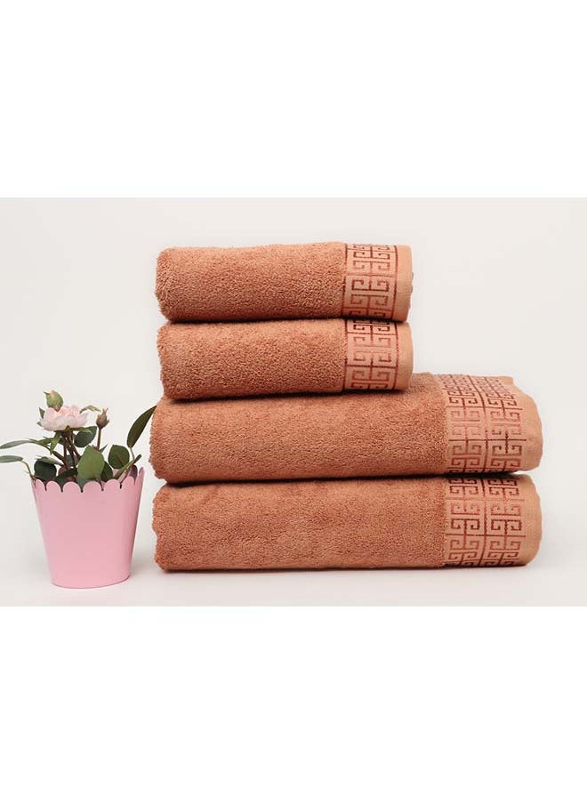 White Rose Towel 4 Piece Bathroom  Set - GREEKY - 500 GSM - 100% Cotton Terry - Jacquard Border- 2 Bath  70X140 cm & 2 Hand  50x90 cm- Luxury Touch - Extra Absorbent-Brown 