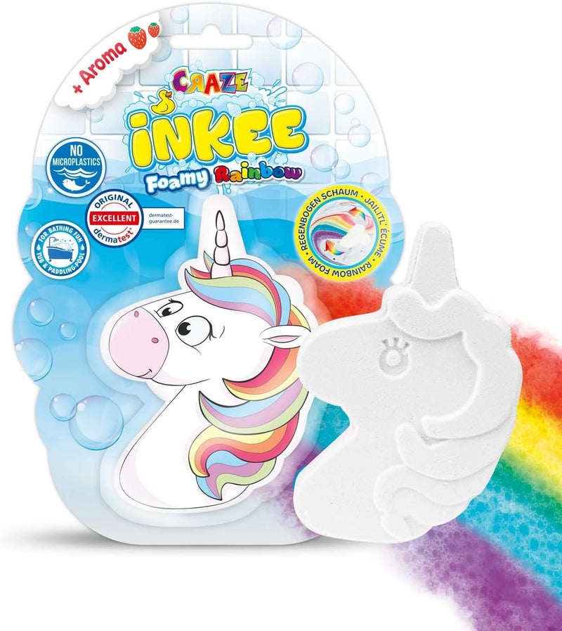 إنكي INKEE Foamy Rainbow Rainbow Bath Bomb Children's Bath Additive with Strawberry Fragrance, Bath Ball in Clouds or Unicorn Shape, 150 g إنكي فومي راينبو راينبو باث بومب تشيلدرنز باث أديتبف ويذ ستروبيري فراغرانس، باث بول إن كلاودز أور يونيكورن شيب، 150 جرام - Image 1