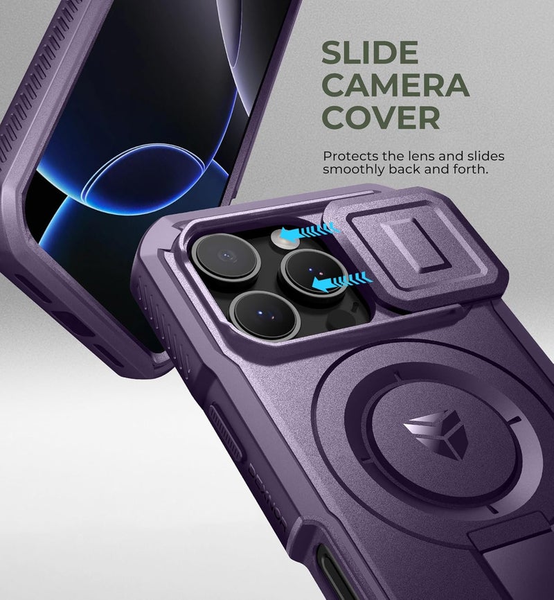 ديكسنور حافظة Dexnor لجهاز iPhone 16 Pro مع غطاء كاميرا منزلق وحامل قابل للتعديل وواقي شاشة مدمج، متوافقة مع MagSafe حافظة مضادة للصدمات مع غطاء مغناطيسي ثقيل، أرجواني شبح سهل الالتقاط والاستخدام - Image 4