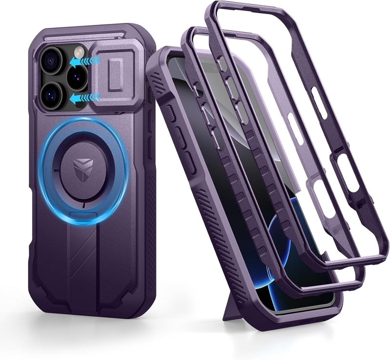 ديكسنور حافظة Dexnor لجهاز iPhone 16 Pro مع غطاء كاميرا منزلق وحامل قابل للتعديل وواقي شاشة مدمج، متوافقة مع MagSafe حافظة مضادة للصدمات مع غطاء مغناطيسي ثقيل، أرجواني شبح سهل الالتقاط والاستخدام - Image 1