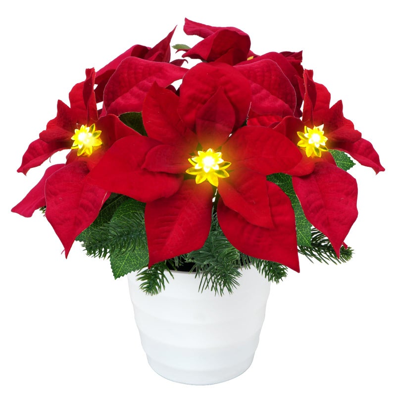 HO2NLE Artificial Poinsettias Flowers LED Lighted Christmas Table Centerpiece Faux Poinsettia Plants in Pot for Outdoor Christmas Indoor Home Xmas Winter Holiday Decorations12Inch