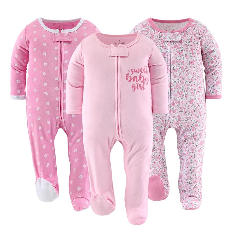 The Peanut Shell The Peanutshell Baby Sleepers for Girls Set of 3-0-3 Months Baby Clothes, Soft Cotton Girl Footed Pajamas, Newborns & Infants Clothes Gift Set - Floral Love - Image 1
