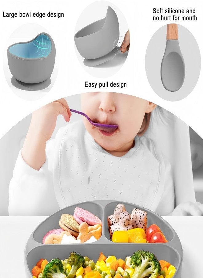 iMissiu Silicone Baby Feeding Set 5 Pack Non Slip Toddler Plate Bowl Weaning Supplies for Self Feeding Everyday Use Gift - Image 2
