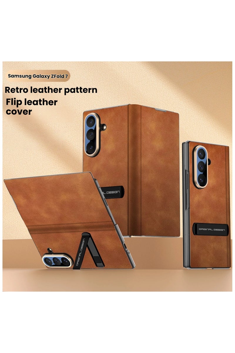 عام غلاف جلد فاخر فائق النحافة مع حامل متوافق تمامًا مع Samsung Galaxy Z Fold 7، يغلق على الشاشة منبسطة بالكامل ويوفر حماية شاملة للجهاز. - Image 1