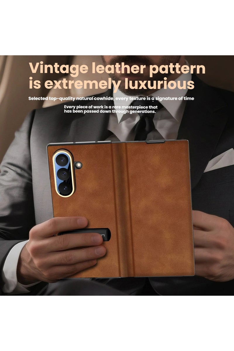 عام غلاف جلد فاخر فائق النحافة مع حامل متوافق تمامًا مع Samsung Galaxy Z Fold 7، يغلق على الشاشة منبسطة بالكامل ويوفر حماية شاملة للجهاز. - Image 2