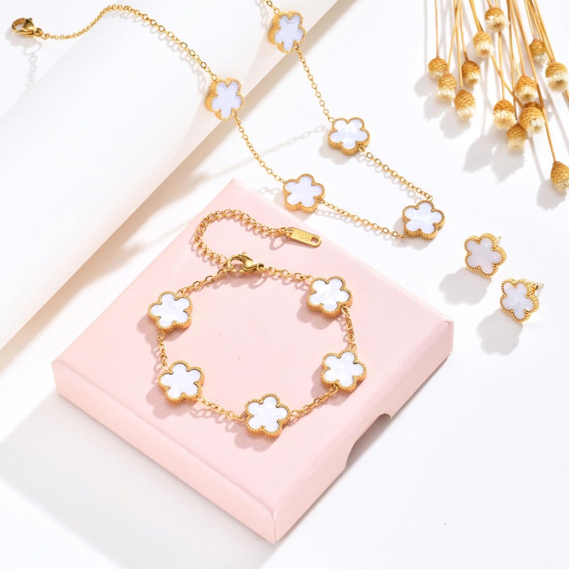 MPRAINBOW Gold Necklaces Bracelets Earring Set - 18K Gold Plated Flower Bracelet Chain,Stainless Steel Non Tarnish Floral Pendant Stud Jewelry Sets,Christmas Birthday Lucky Gift for Mom Wife Daughter Girlfriend - Image 4