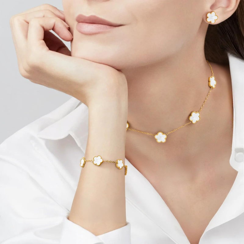 MPRAINBOW Gold Necklaces Bracelets Earring Set - 18K Gold Plated Flower Bracelet Chain,Stainless Steel Non Tarnish Floral Pendant Stud Jewelry Sets,Christmas Birthday Lucky Gift for Mom Wife Daughter Girlfriend - Image 3