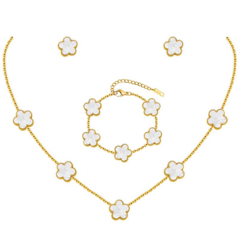 MPRAINBOW Gold Necklaces Bracelets Earring Set - 18K Gold Plated Flower Bracelet Chain,Stainless Steel Non Tarnish Floral Pendant Stud Jewelry Sets,Christmas Birthday Lucky Gift for Mom Wife Daughter Girlfriend - Image 1