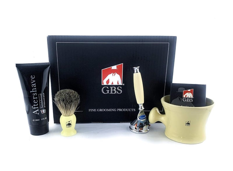 GBS Mens Faux Ivory Shaving Gift Set 5 Blade Compatible Ivory Handle Razor Ceramic Ivory Shaving Mug Shaving Brush Sandalwood Aftershave Natural Shaving Soap Razor Stand Grooming Kit for Men