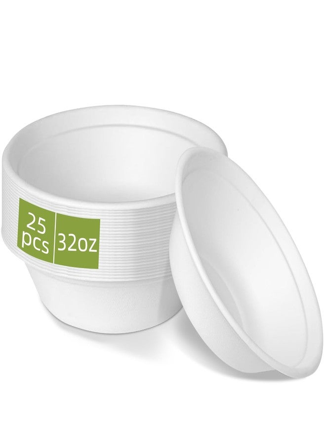 VEIZEDD 32 oz Disposable Paper Bowls 25 Pack Bagasse Biodegradable Heavy Duty Disposable Soup Bowls Bulk Convenient for Daily Use for Salad, Hot Soup, and Pasta, Party, White - Image 1
