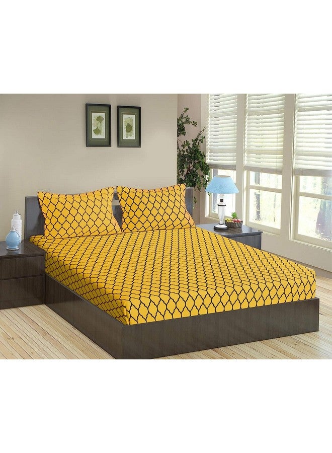 Trance Home Linen 200TC 100% Cotton 84"x78" Elastic Fitted Bedsheet Super King Bed Size | Printed Fitted Sheet | Elasticated Fitted Bedspread with 2 Pillow Covers (84x78 inch, Dori Warm Grey Mustard)