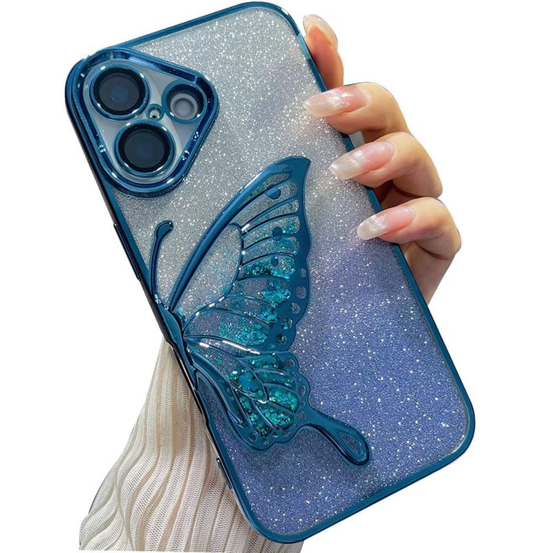 Mobistyle Designed for iPhone 16 Cover with Glitter Cute Butterfly Electroplate Plating Design Back Cover Case for Women Teen Girls [ Silicone | Blue ] - Image 2