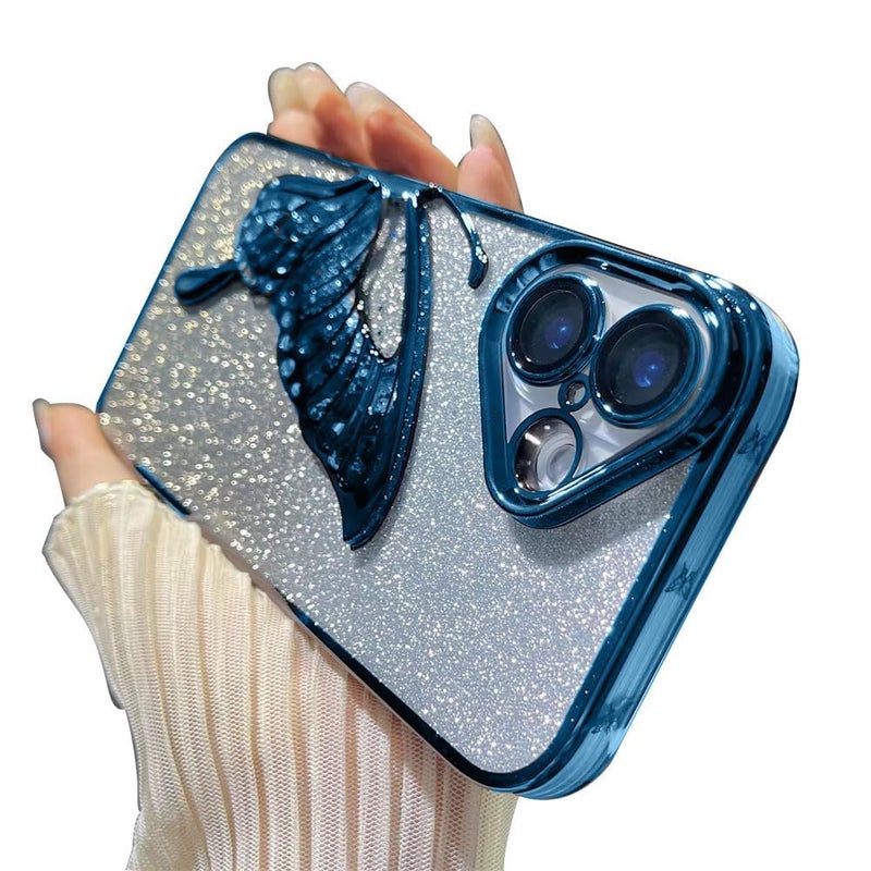 Mobistyle Designed for iPhone 16 Cover with Glitter Cute Butterfly Electroplate Plating Design Back Cover Case for Women Teen Girls [ Silicone | Blue ] - Image 1