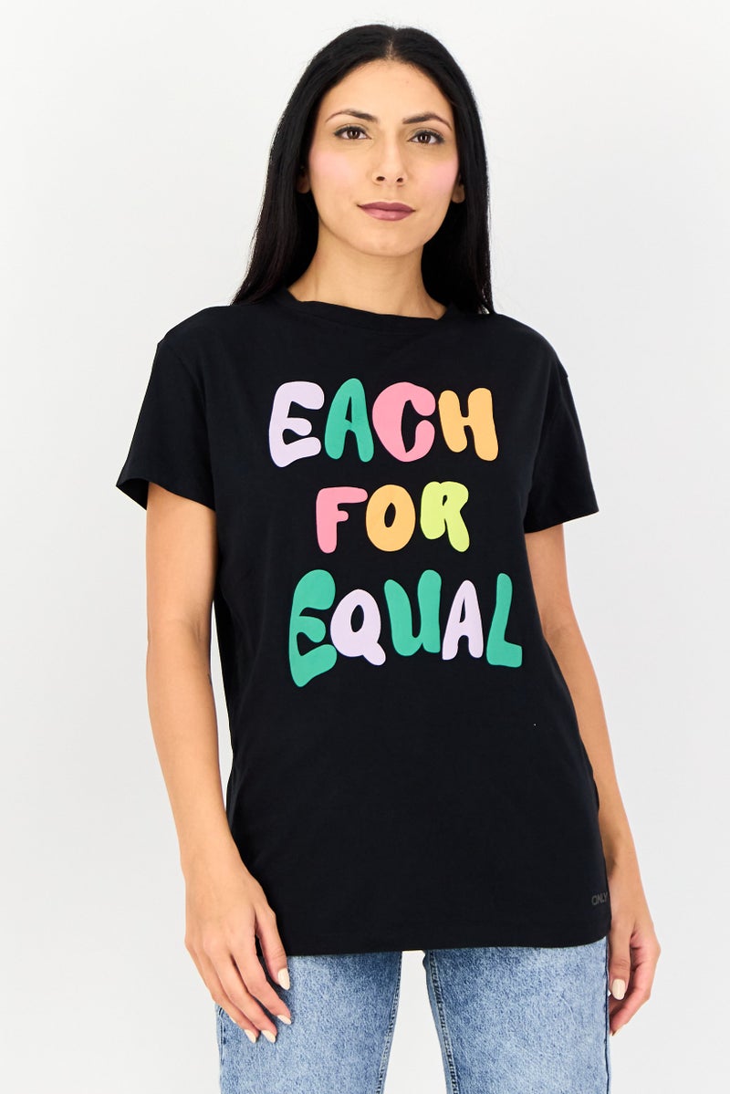 ONLY Women Crew Neck Short Sleeve Graphic Print T-Shirt, Black - Image 1