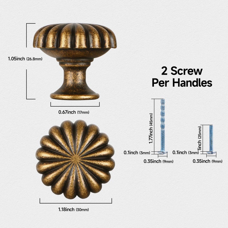 FAPUAL 10 Pack Antique Brass Cabinet Knobs for Kitchen Cabinets and Dresser Drawersï¼ŒZinc Alloy Hardware Handles Pullsï¼ŒVintage Cupboard Drawer Knob - Image 2