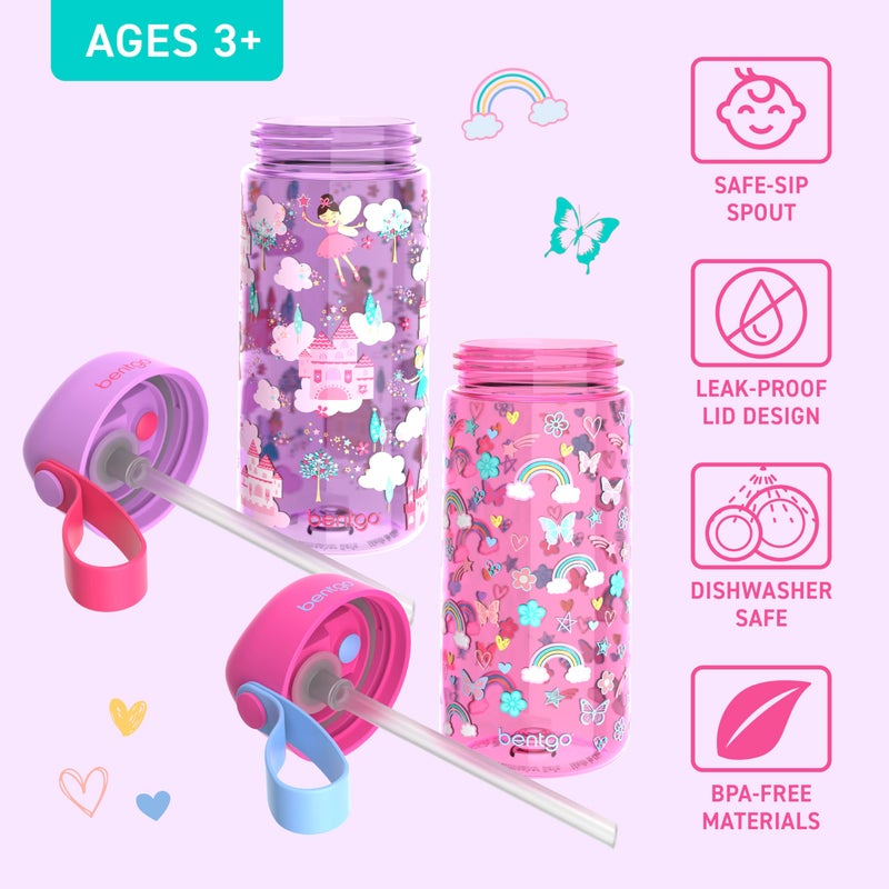 Bentgo Kids Water Bottle 2-Pack - Leak-Proof, Durable Tritan, BPA-Free 15 oz Cup for Kids/Toddlers 3+; Flip-Up Straw; Dishwasher Safe for School/Sports/Daycare/Camp (Rainbows & Butterflies/Fairies) - Image 3