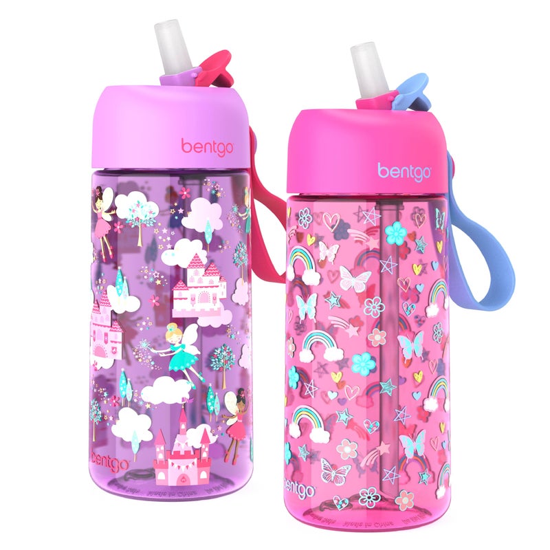 Bentgo Kids Water Bottle 2-Pack - Leak-Proof, Durable Tritan, BPA-Free 15 oz Cup for Kids/Toddlers 3+; Flip-Up Straw; Dishwasher Safe for School/Sports/Daycare/Camp (Rainbows & Butterflies/Fairies) - Image 1