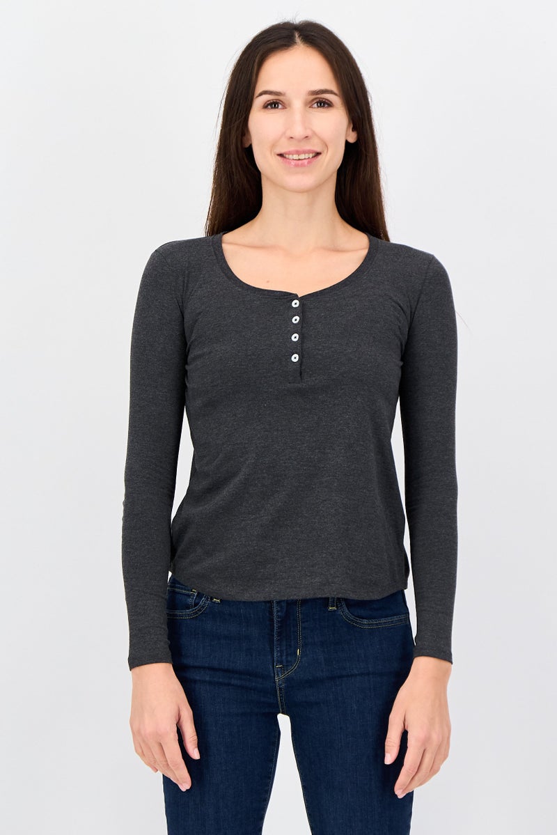 UNDIZ Women Round Neck Long Sleeve Plain Blouse, Charcoal - Image 1