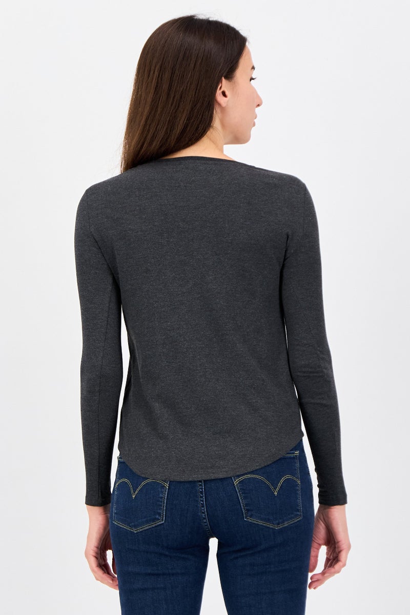 UNDIZ Women Round Neck Long Sleeve Plain Blouse, Charcoal - Image 2